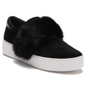 BLACK MICHAEL KORS SUEDE & RABBIT FUR SLIPONS